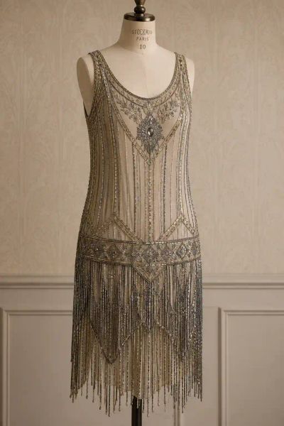 A reproduction beaded flapper dress with a fringed hem on a dress form.