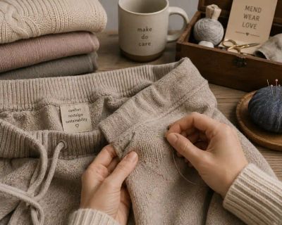 Visible mending being hand-stitched into a knit loungewear waistband.