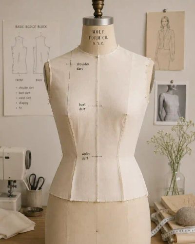 A bodice block muslin pinned and fitted on a dress form, its shoulder, bust, and waist darts labeled.