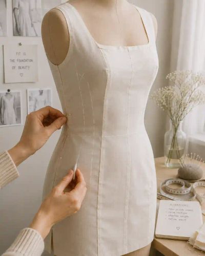 A dress being pinned and marked on a dress form mid-alteration, with a handwritten list of planned adjustments nearby.