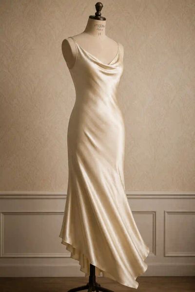 A bias-cut satin gown on a dress form, angled to show how the fabric clings and drapes.