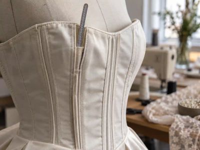 A bodice with boning channels sewn, a boning strip partway inserted into an open channel.