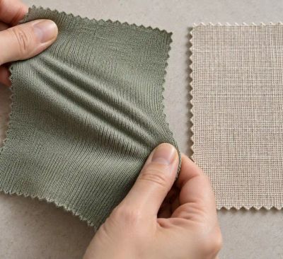 A hand stretching a knit fabric swatch to show its give, next to a woven swatch labeled as not stretching.