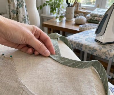 A green bias-binding strip pinned around a curved neckline edge and pressed with an iron.