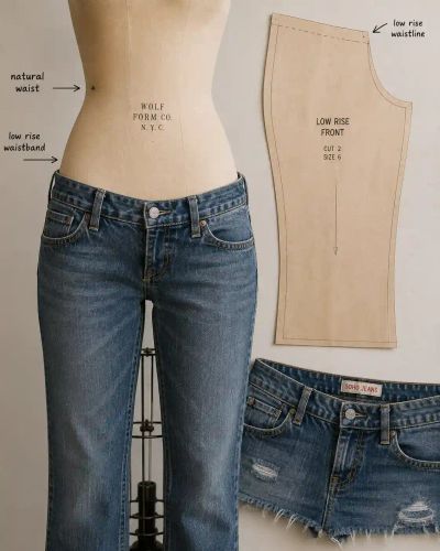 Low-rise jeans on a dress form beside their pattern piece, labeled to show the drop from the natural waist.
