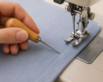 A hand guiding an awl into fabric beside a sewing machine needle at work.