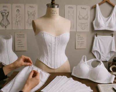 A modern boned corset on a dress form beside contemporary bras and briefs, with historical corset sketches on the wall behind it.