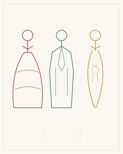 A minimalist line illustration of three fashion silhouettes: a wide ball gown, a tailored suit, and a draped bias-cut gown.