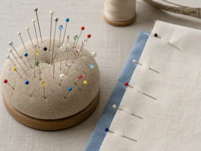 A pincushion holding a range of pin lengths and types, with pins holding two fabric layers together beside it.