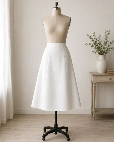 A white A-line skirt on a dress form, flaring from a fitted waist to a wider hem.