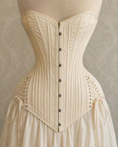 A reproduction Victorian corset on a dress form, its boning channels and side lacing visible.