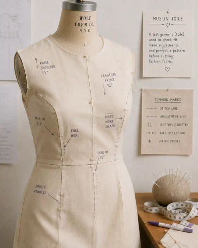 A muslin toile on a dress form marked with handwritten fit corrections like take-in and lengthen notes.