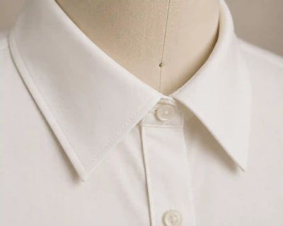 A close-up of a finished white point collar, its edges crisp and flat with buttons closed at the neck.
