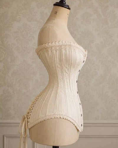 A reproduction Edwardian corset on a dress form, seen from the side to show its curved profile.