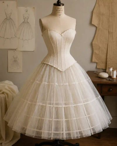 A boned corset bodice paired with a full hooped tulle underskirt, construction in progress.