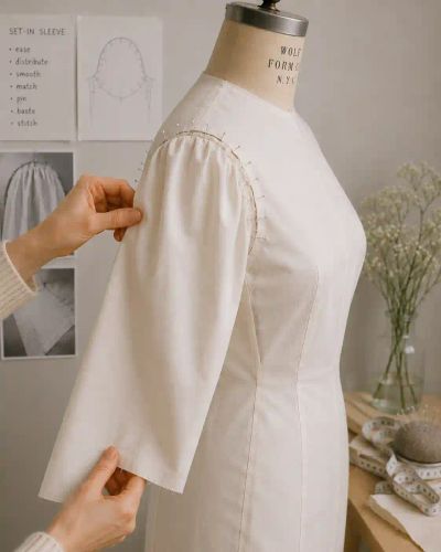 A set-in sleeve being pinned into an armhole, its eased fullness distributed around the cap.