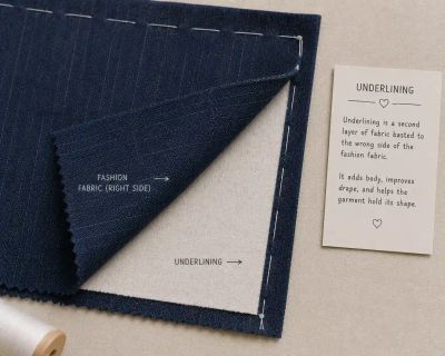 A pinstriped wool piece folded back to show its underlining basted to the wrong side.