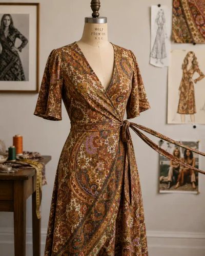 A paisley-print wrap dress tied at the waist on a dress form.