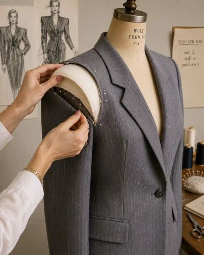 A shoulder pad being pinned into a pinstriped blazer's shoulder seam on a dress form.