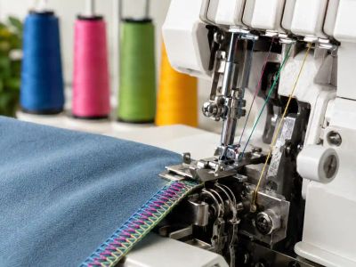 A close-up of a freshly serged fabric edge coming off an overlocker, thread cones visible behind it.