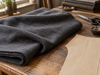 A folded length of gray wool flannel next to a cut trouser piece and swatch, showing its brushed, matte surface.