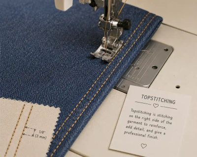 Two parallel rows of contrast topstitching being sewn close to a folded denim edge.