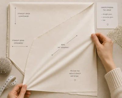 Fabric folded diagonally with hands lifting the corner, labeled to show the straight grain and 45-degree bias.
