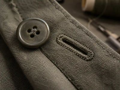 A macro shot of a finished buttonhole on a khaki placket, its matching button laid beside it.