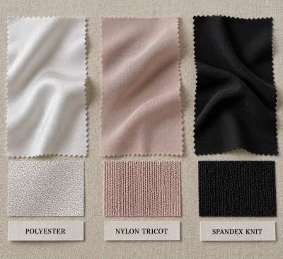 Three labeled synthetic fabric swatches side by side: woven polyester, knit nylon tricot, and stretch spandex knit.