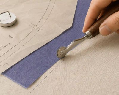 A tracing wheel rolling over fabric and dressmaker's carbon, a dotted transferred line visible behind it.