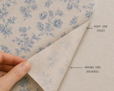Floral fabric folded back on itself, labeled to show the right side (face) and wrong side (reverse).