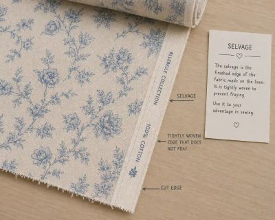A bolt of floral fabric unrolled to show its labeled, tightly woven selvage edge.