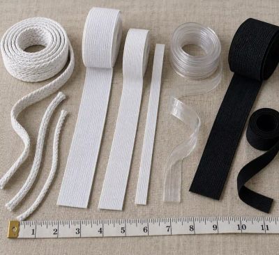 Several widths and types of elastic - braided, woven, and clear - in rolls and cut lengths beside a tape measure.