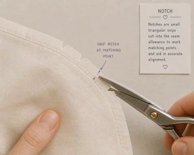 A small triangular notch being snipped into a curved seam allowance at a marked matching point.