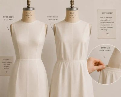 Two bodices on dress forms compared side by side, labeled fitted (less ease) and eased (more ease), with a close-up of the extra room at the seam.