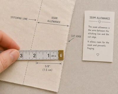 A cut fabric edge with the seam allowance measured from the stitching line to the cut edge with a tape measure.