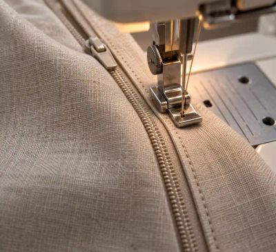 A zipper being topstitched into a seam with the zipper foot visible on the sewing machine.