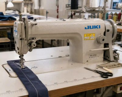 An industrial straight-stitch sewing machine at a workroom table, denim fed under the needle.