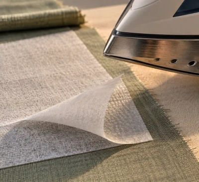 An iron lifted just off interfacing fused to linen, a corner peeled back to show the bonded adhesive layer.