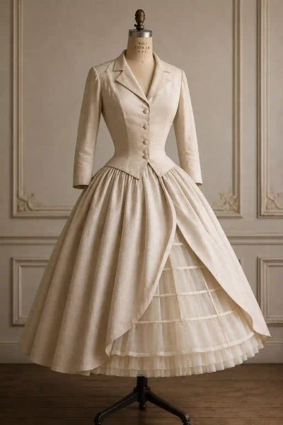 A reproduction fitted jacket bodice over a full underskirt on a dress form, the waist seam visible.