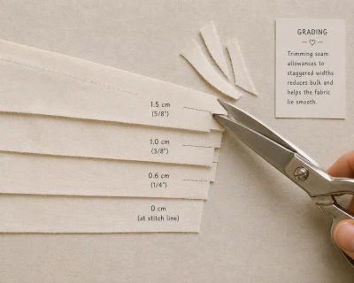 Layered seam allowances trimmed to staggered widths, shears mid-trim, labeled with each width.