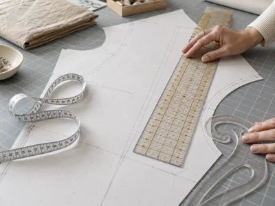 A tape measure and clear gridded ruler laid across a pattern piece, a French curve nearby on the cutting table.