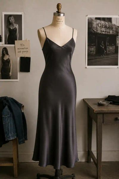 A bias-cut slip dress on a dress form, its seaming minimal.
