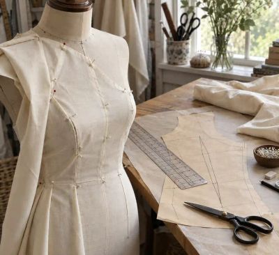 Fabric draped and pinned on a dress form beside its flat paper pattern piece, ruler and pencil on the table.
