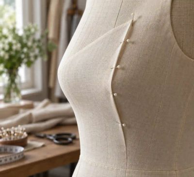 A dart pinned into a bodice front on a dress form, its folded wedge shaping the fabric at the bust.