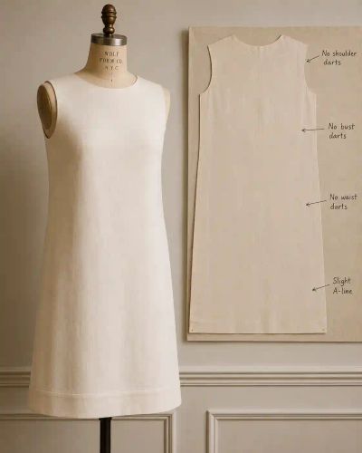 A simple shift dress beside its flat pattern piece, labeled to show its minimal darting and slight A-line.