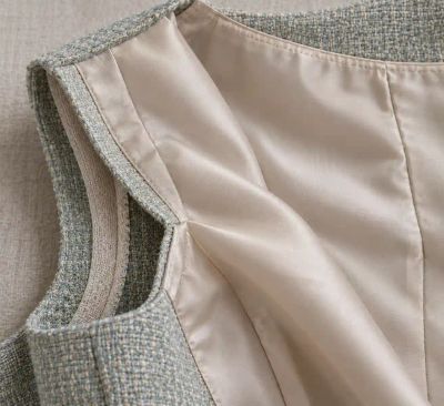 A blazer's collar folded back to show its gray lining sewn in against the outer wool shell.