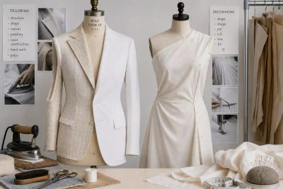 A tailored jacket under construction on one dress form beside a draped, pinned dressmaking piece on another.